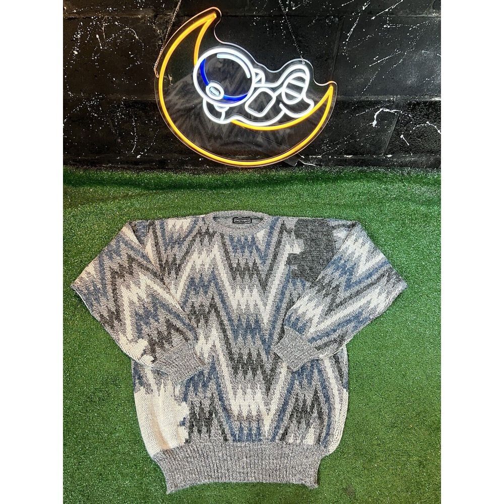 VTG Peter England Mens XL 100% Acrylic & Wool Gray/Blue/White Pullover Sweater